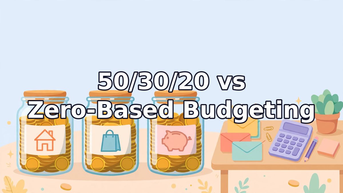 Coin jars and envelopes illustrating the 50/30/20 rule and zero-based budgeting basics